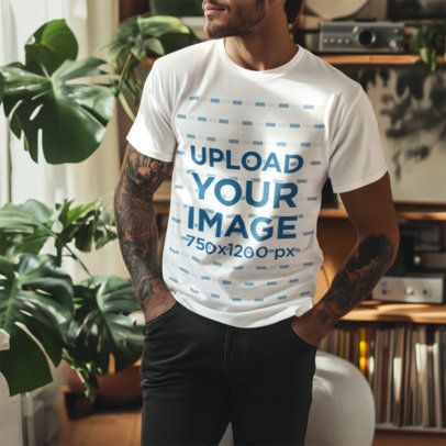AI-Generated Mockup of a Bearded Man with Arm Tattoos Wearing a T-Shirt at Home m52614