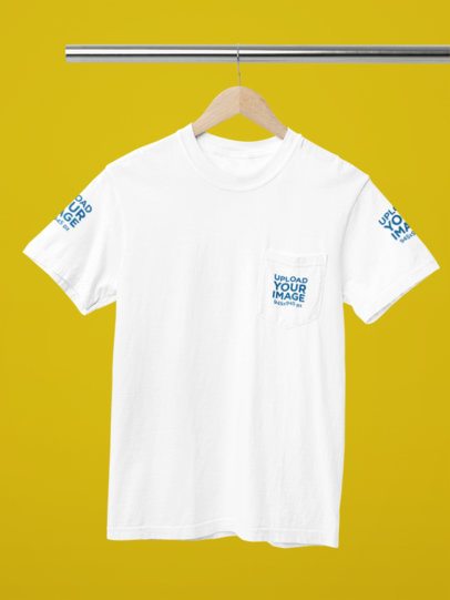 Comfort Colors Mockup of a Pocket Tee Placed on a Wooden Hanger m52785