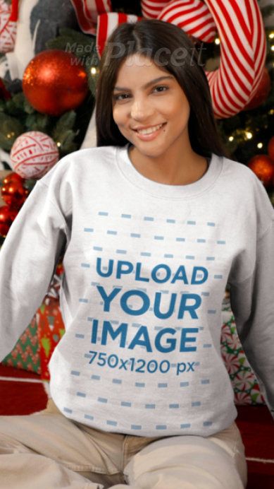 Gildan Sweatshirt Video of a Smiling Woman Petting Her Dog in a Christmas Celebration