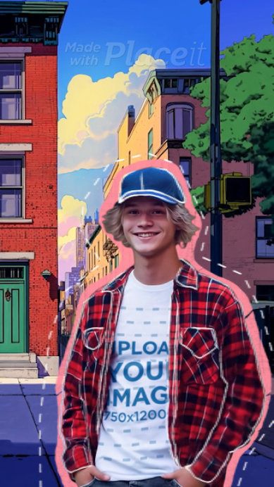 T-Shirt Video of a Smiling Man Walking with Illustrated Buildings in the Background