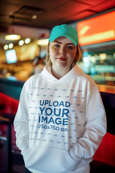 AI-Created Mockup Featuring a Woman Wearing a Pullover Hoodie Inside a Restaurant