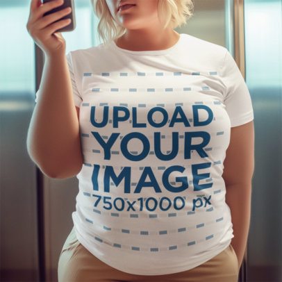 AI-Created Plus Size T-Shirt Mockup Featuring a Woman Taking a Selfie in an Elevator m52615