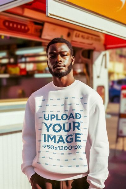 AI-Created Mockup of a Bearded Man Wearing a Crewneck Sweatshirt Outside a Restaurant