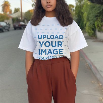 AI-Created Oversized T-Shirt Mockup Featuring a Woman Standing on the Street