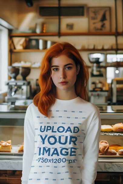 Long-Sleeve Tee Mockup Featuring an AI-Created Woman Posing in a Bakery m51316