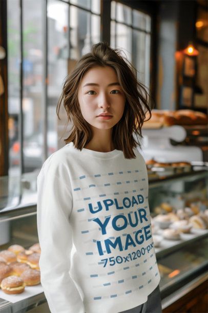 AI-Generated Mockup of a Woman Wearing a Sweatshirt in a Bakery