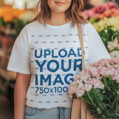 Mockup Featuring a Happy Woman Created by AI Wearing a Tee at a Flower Shop