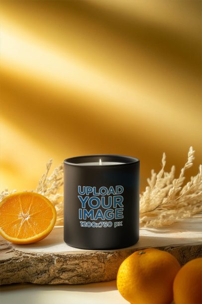 AI-Created Mockup Featuring a Black Glass Candle Placed on a Wooden Log With Oranges m51936