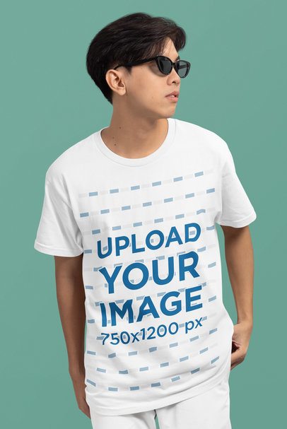 Crewneck T-Shirt Mockup Featuring a Teenage Boy Wearing Sunglasses