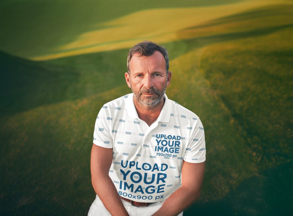 Sport Polo Shirt Mockup of an AI-Generated Man Posing in a Golf Field