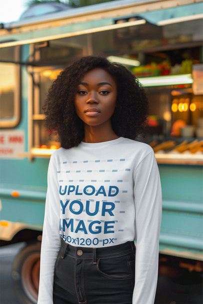 Long-Sleeve Tee Mockup Featuring an AI-Created Woman Posing Against a Food Truck