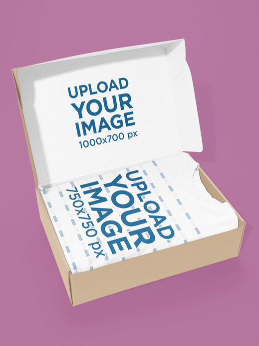 Cardboard Box Mockup Featuring an Oversized Round-Neck T-Shirt