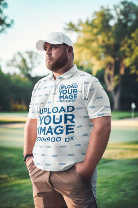 Mockup of a Bearded Man Created by AI Wearing a Sublimated Polo Shirt at a Golf Course