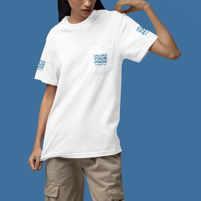 Comfort Colors Pocket Tee Mockup Featuring a Cropped-Face Woman in a Studio m52977