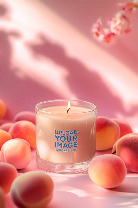 Full Glass Candle Mockup Featuring an AI-Created Setting With Peaches
