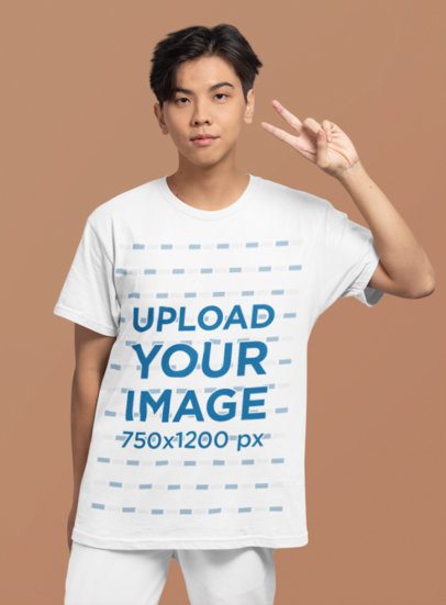 Round-Neck Tee Mockup Featuring a Modern Teenage Boy Making a Peace Sign m51420