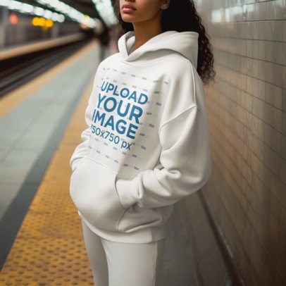 Pullover Hoodie Mockup of an AI-Generated Woman Waiting for the Subway
