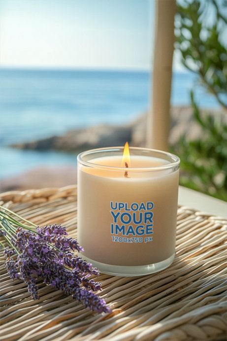 Full Glass Candle Mockup Featuring an AI-Created Beach Setting