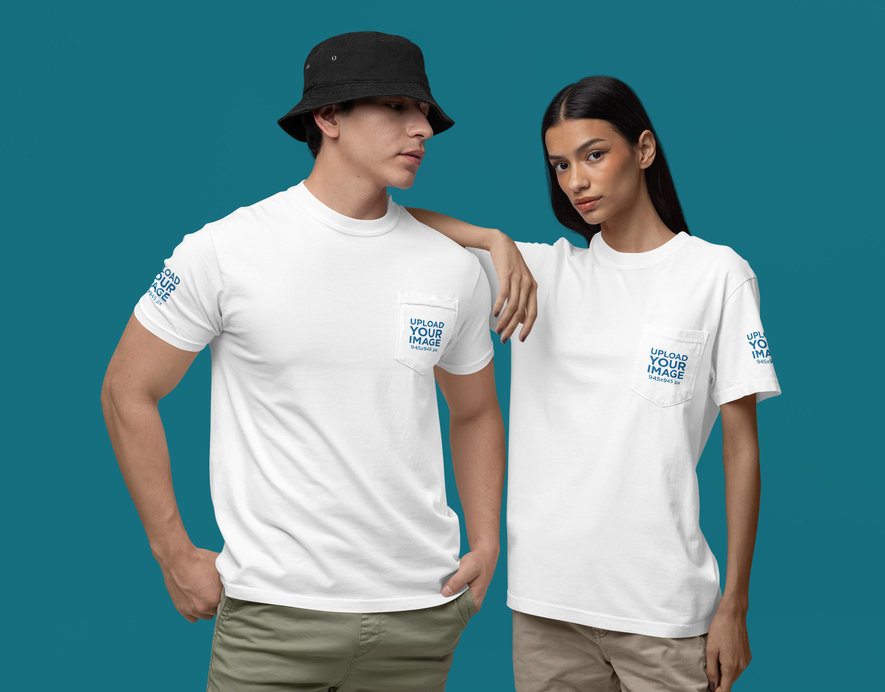 Comfort Colors Pocket T-Shirt Mockup Featuring a Man and Woman in a Studio