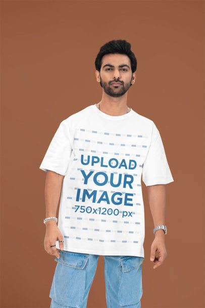 Studio Mockup Featuring a Bearded Man Wearing a Crew-Neck Tee in a Studio