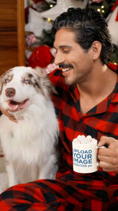 Coffee Mug Video Featuring a Happy Bearded Man Petting His Dog and Celebrating Christmas