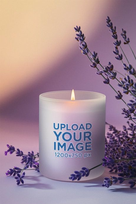 Mockup of an AI-Generated Frosted Glass Candle Placed on a Surface With Lavender