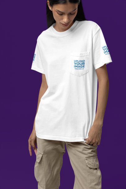 Comfort Colors Mockup of a Woman Wearing an Oversized Pocket T-Shirt in a Studio m52979