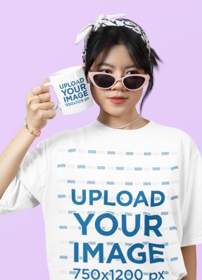 Oversized Tee Mockup of a Teenage Girl Putting an 11 oz Mug Close to Her Face