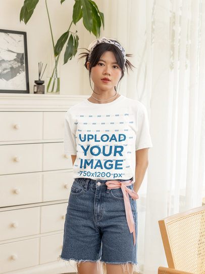 Mockup Featuring a Teenage Girl Wearing a Round-Neck Tee at Home