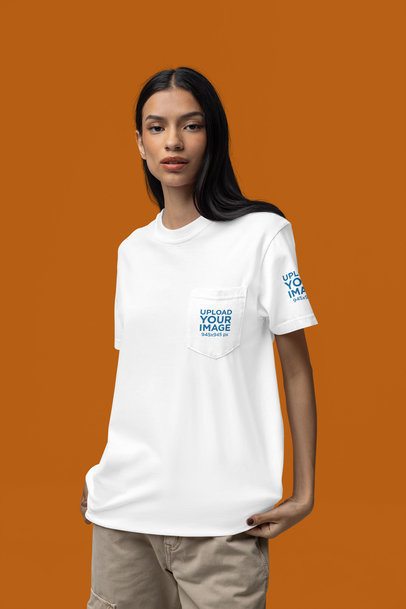 Mockup of a Woman with Long Hair Wearing a Comfort Colors Pocket T-Shirt in a Studio m52978