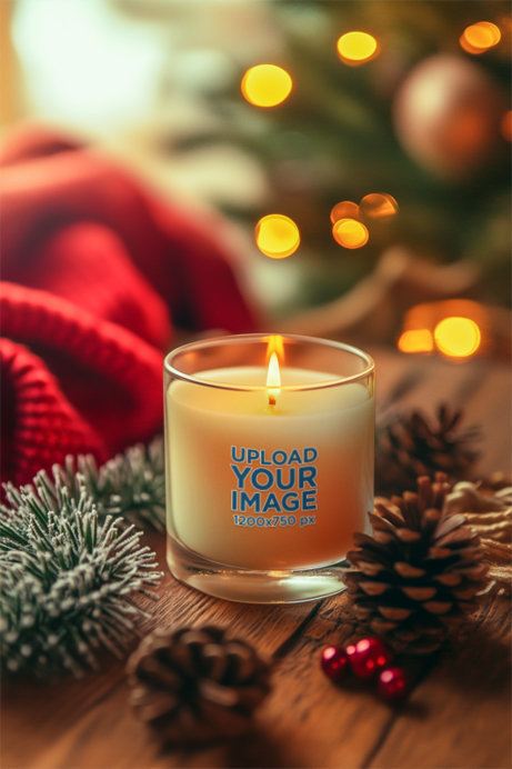 Mockup of an AI-Generated Full Glass Candle Placed in a Christmas-Themed Setting