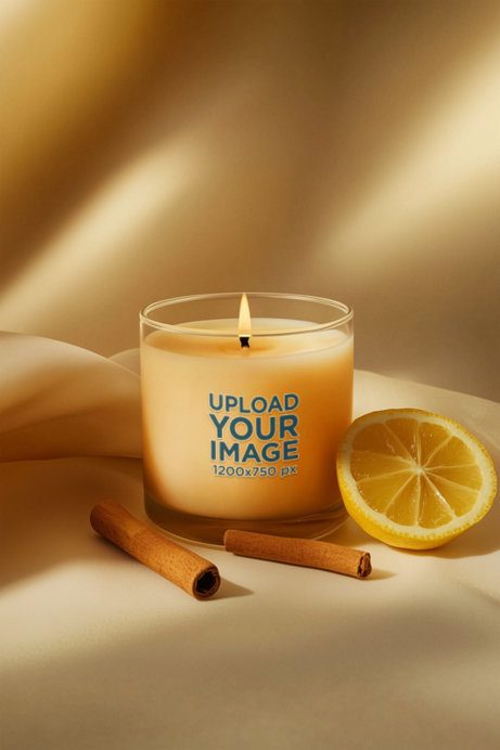 Full Glass Candle Mockup Featuring an AI-Created Lemon Slice With Cinnamon Sticks 