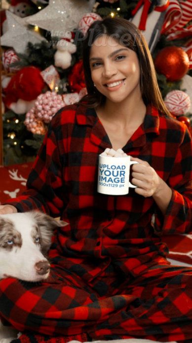 Coffee Mug Video Featuring a Happy Woman Celebrating Christmas With Her Dog