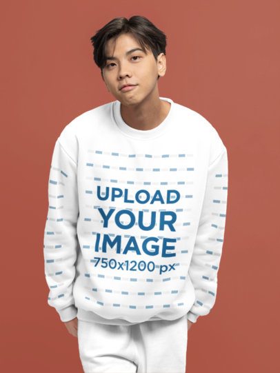 Mockup of a Teenage Boy Wearing Crewneck Sweatshirt With Sleeves in a Studio