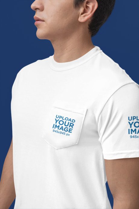 Closeup Mockup of a Man Wearing a Comfort Colors Pocket Tee with a Customizable Sleeve