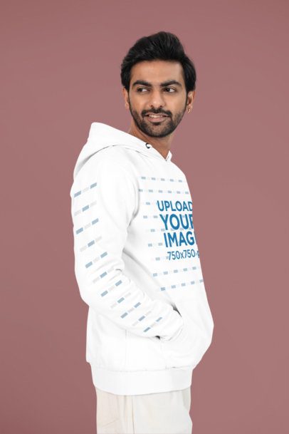 Hoodie Mockup of a Smiling Bearded Man Posing in a Studio Showing a Customizable Sleeve m53085