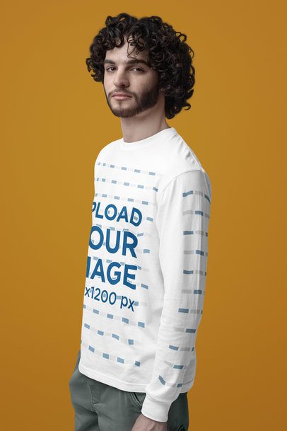 Comfort Colors Mockup Featuring a Curly-Haired Man With Beard in a Long-Sleeve Tee m53192