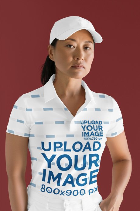 Sport Polo Shirt Mockup Featuring an AI-Created Serious Woman Standing in a Studio
