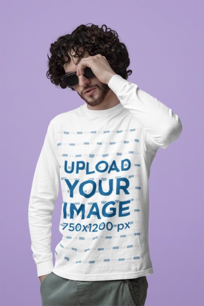 Mockup of a Curly-Haired Man With Sunglasses Wearing a Comfort Colors Long-Sleeve Tee m53190