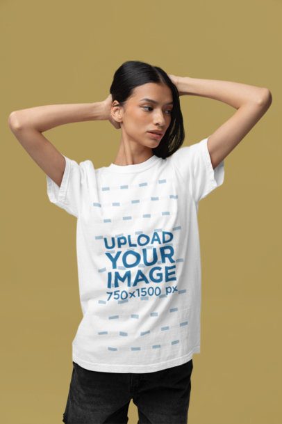 Comfort Colors Round-Neck Tee Mockup Featuring a Woman Posing Against a Customizable Backdrop m53008