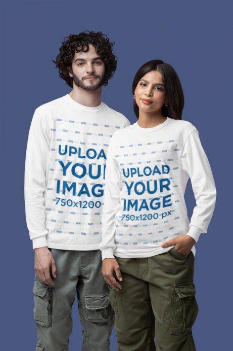 Comfort Colors Long-Sleeve Tee Mockup Featuring a Man and a Woman Standing in a Studio