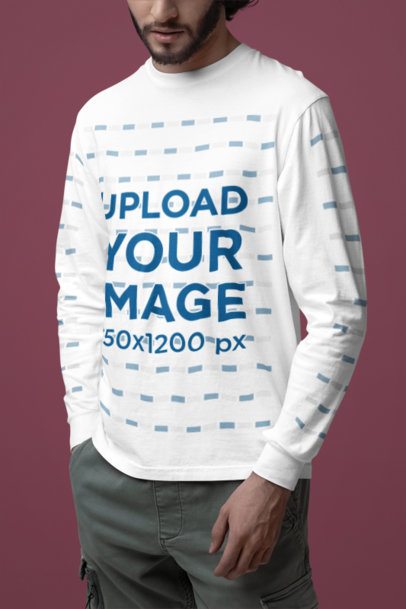 Comfort Colors Mockup Featuring a Cropped-Face Bearded Man Wearing a Long-Sleeve Tee in a Studio m53191