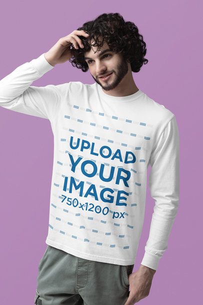 Comfort Colors Mockup Featuring a Shy Bearded Man in a Long-Sleeve Tee m53188