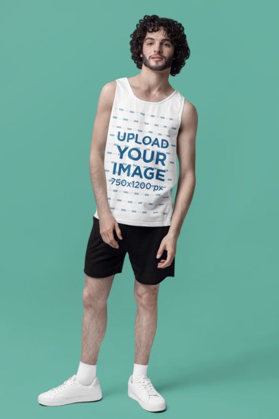 Comfort Colors Tank Top Mockup of a Bearded Man Standing in a Studio With a Colorful Background m53206