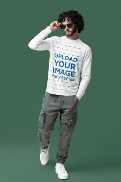Comfort Colors Mockup Featuring a Man in a Long-Sleeve Tee Posing With Sunglasses in a Studio m53183