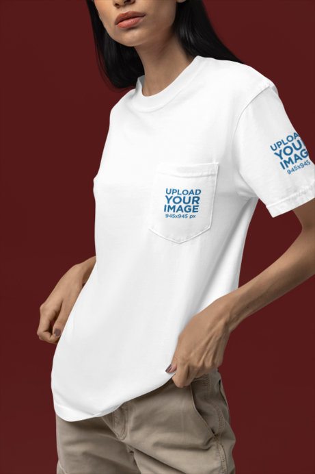 Comfort Colors Mockup Featuring a Cropped-Face Woman Standing in a Studio With a Pocket Tee