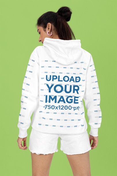 Back-View Mockup of a Woman Wearing a Hoodie With Customizable Sleeves