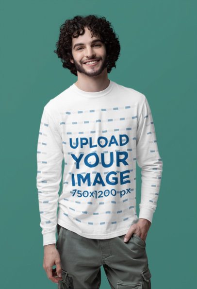 Comfort Colors Mockup Featuring a Cheerful Man Wearing a Long-Sleeve Tee in a Studio m53186