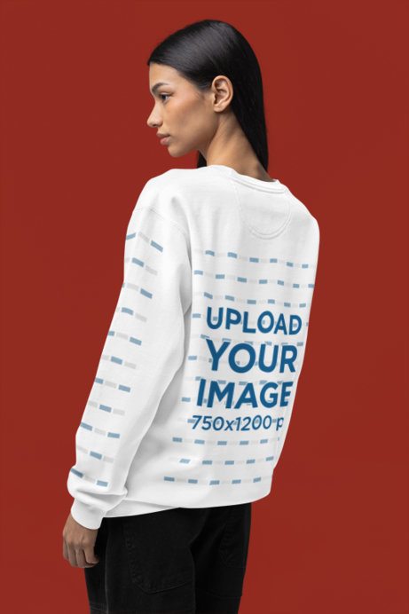 Back-View Mockup Featuring a Woman in a Comfort Colors Sweatshirt With a Customizable Sleeve