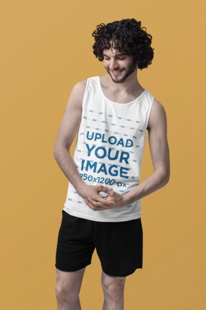 Comfort Colors Mockup Featuring a Happy Man in a Scoop-Neck Tank Top Standing Against a Colorful Background m53209